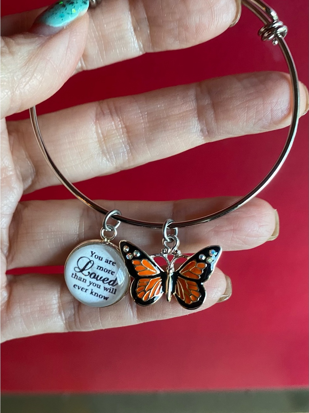 Silver Tone Enamel Monarch Butterfly Charm Bangle Bracelet 7 1/2 to 8